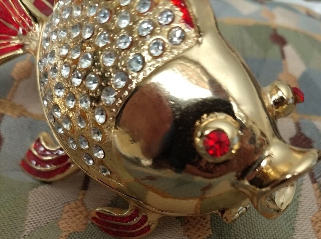 RED Tropical Fish Qifu Hinged Jewelry Trinket Box Enamel Metal Jeweles Diamonds