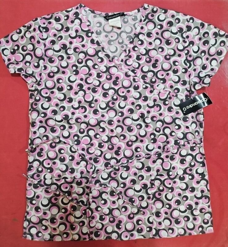 Medical Uniform Scrubs Womens Top Wrap pink white blk circles Pockets all sizes