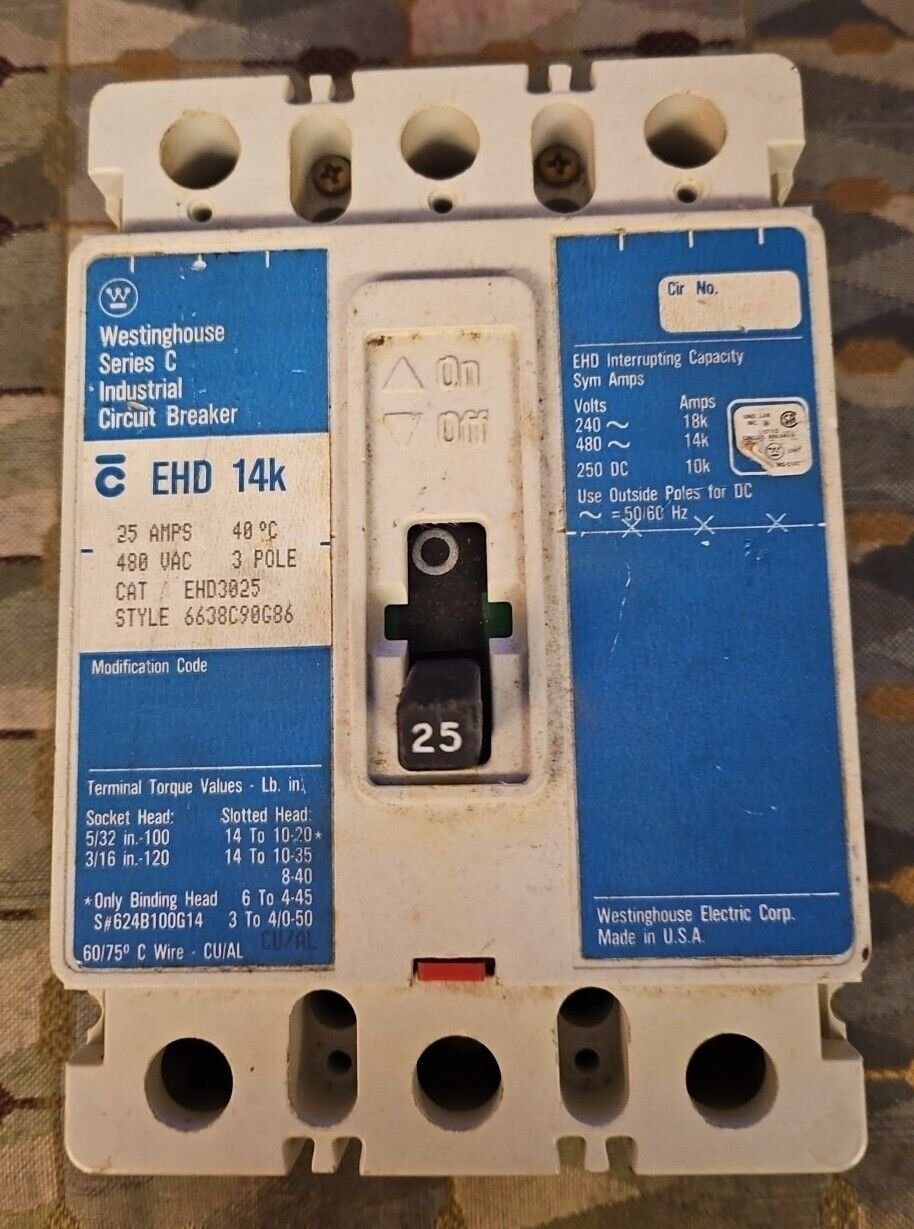 Used Working WESTINGHOUSE CIRCUIT BREAKER CAT# EHD3025 25A/480V 25 Amps 14K C