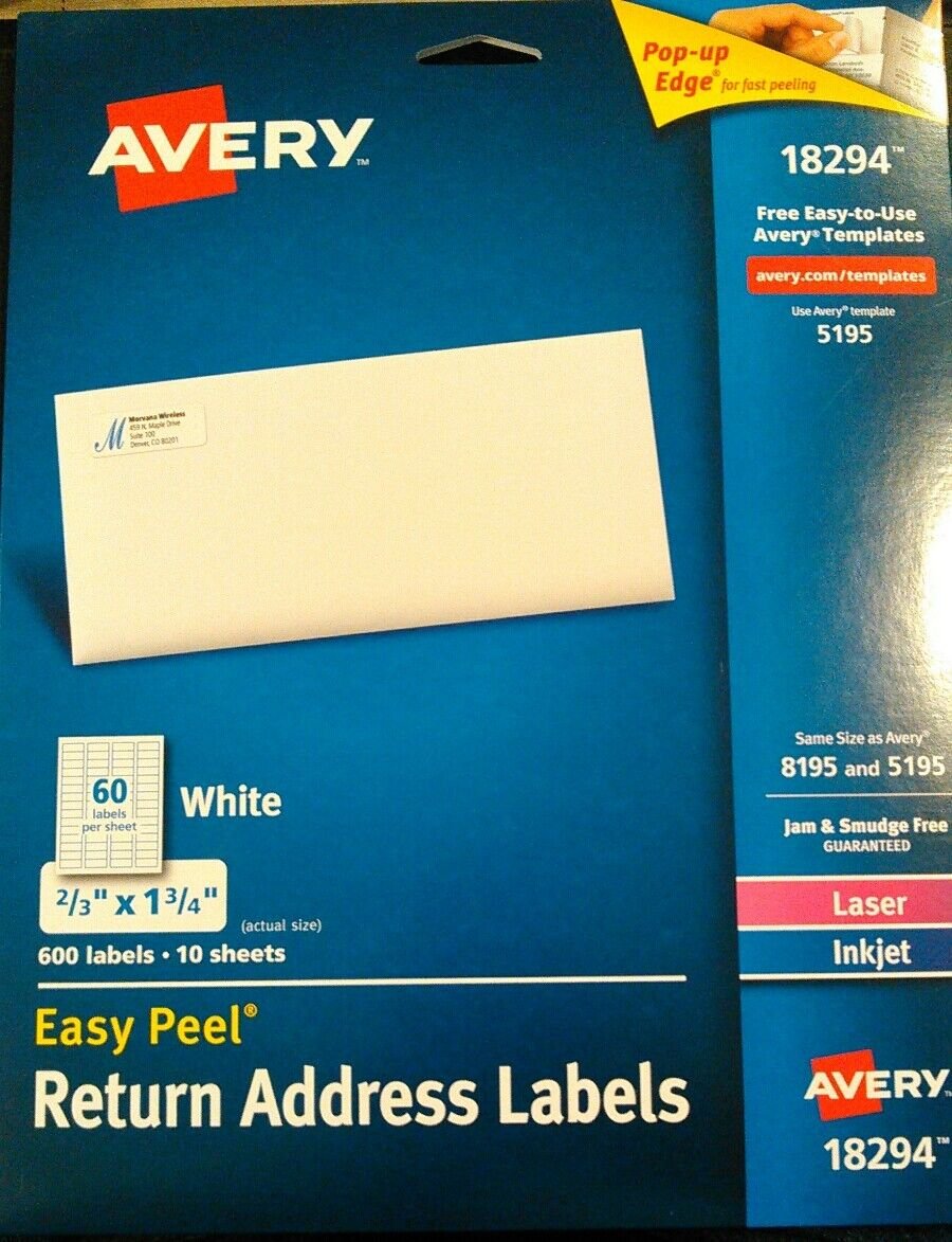 Easy Avery 18294 Stickers Return Address 600 Labels, Laser Inkjet 2/3 x 1 3/4