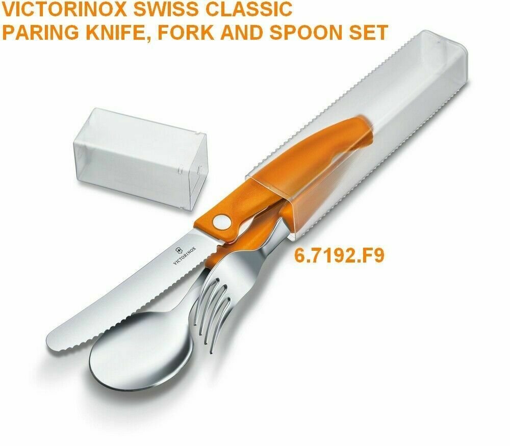 VICTORINOX CLASSIC FOLDABLE PARING KNIFE, FORK AND SPOON SET ORANGE 6.7192.F9 - SWISS ARMY KNIFE