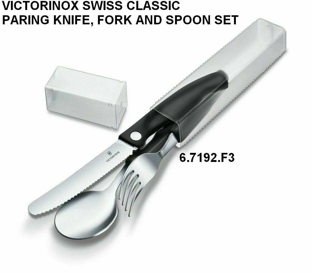 VICTORINOX CLASSIC FOLDABLE PARING KNIFE, FORK AND SPOON SET BLACK 6.7192.F3 - SWISS ARMY KNIFE