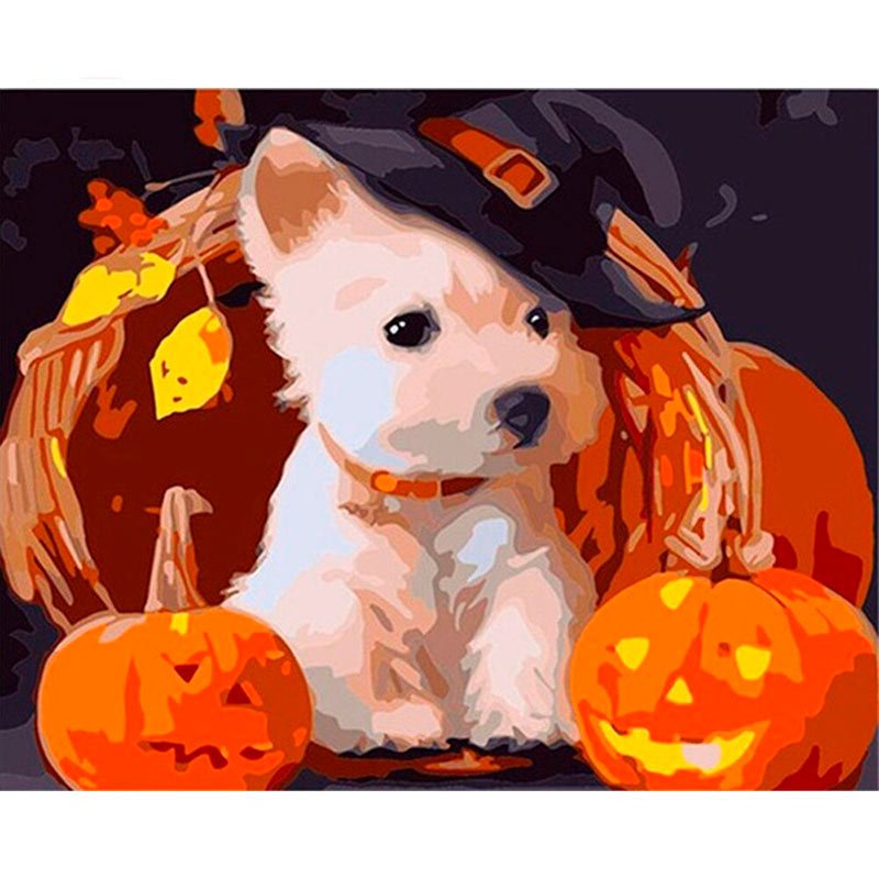 Puppy with Halloween Pumpkin DIY Paint by Numbers Kit