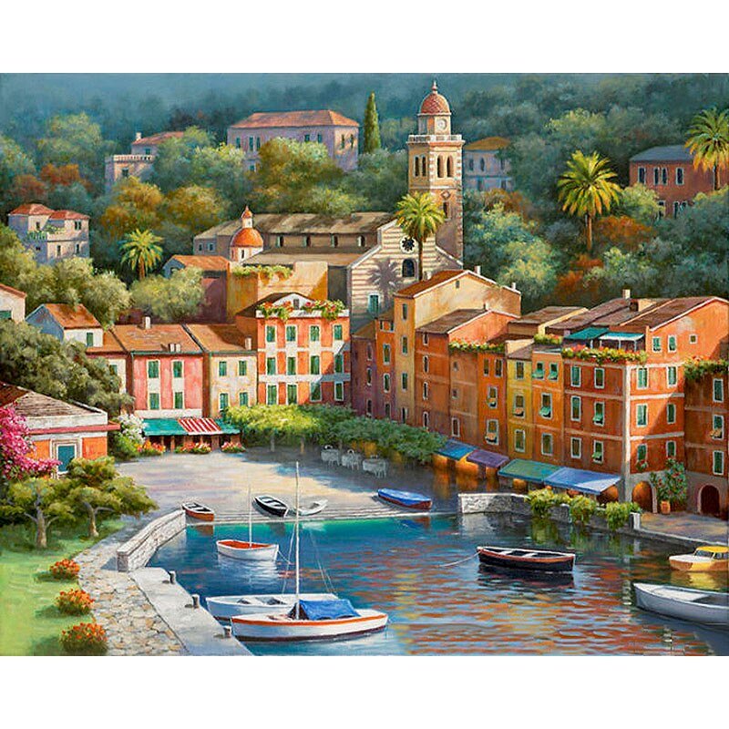 Italian Portofino Harbor DIY Paint by Numbers Kit for Adults  European Cityscape Color by Number Set
