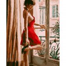 Sexy Lady at Window DIY Painting by Number Kit Portrait Woman in Red Dress Paint on Linen Canvas