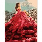 Girl in Red Ball Gown DIY Painting by Numbers Kit for Adults Woman on Seacoast Paint on Linen Canvas