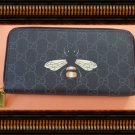 Black Leather Long Zippy Wallet With Bee Design Gold Tone Finish Designer Theme