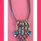 Antique Theme Necklace With Colorful Rhinestones & Brown Leather Chain