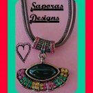 Antique Theme Necklace With Colorful Rhinestones & Brown Leather Chain