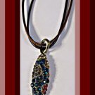 Antique Theme Necklace With Colorful Rhinestones & Brown Leather Rope Chain