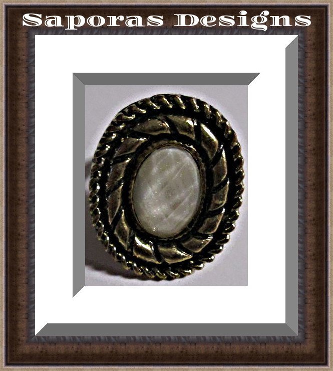 Antique Theme Ring With White Bead Size 8 & Adjustable To Fit Most Fingers