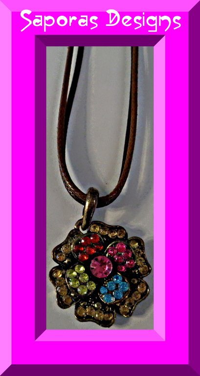 Antique Theme Flower / Rose Design Necklace With Colorful Rhinestones & Leather Chain