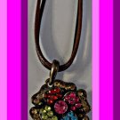 Antique Theme Flower / Rose Design Necklace With Colorful Rhinestones & Leather Chain