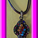 Antique Theme Flower Design Necklace With Colorful Rhinestones & Brown Leather Chain