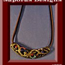 Antique Theme Flower Design Necklace With Colorful Rhinestones & Brown Leather Chain