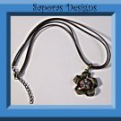 Antique Theme Flower Design Necklace With Colorful Rhinestones & Brown Leather Chain