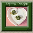 Antique Gold Tone Stud Earrings With Green Crystals Round Circle Style