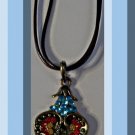 Antique Theme Heart Design Necklace With Colorful Rhinestones & Brown Leather Chain