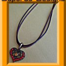Antique Theme Heart Design Necklace With Red & Yellow Rhinestones & Leather Chain