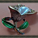 Antique Theme Lily Design Brooch Orange & Green With Brown Crystals & Faux Pearl
