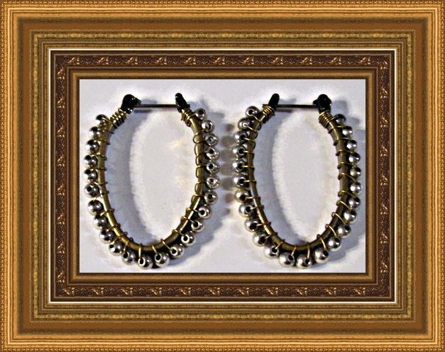 Antique Theme Oval Design Drop Earrings Gold Tone With Silver Tone Beads
