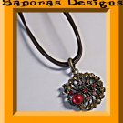 Antique Theme Peacock Design Necklace With Colorful Rhinestones & Red Faux Pearl