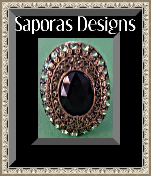 Antique Theme Ring With Green Crystals & Black Bead Size 5.5 & Adjustable To Fit