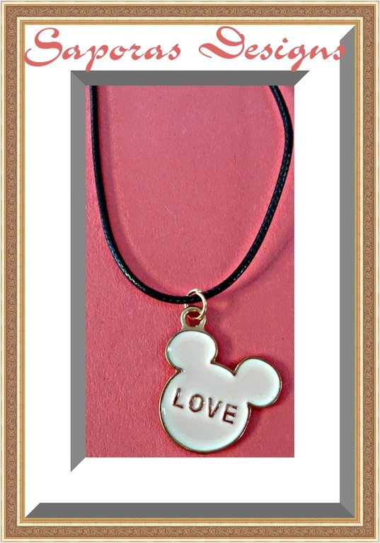 Mickey Mouse "Love" Theme Necklace With Black Rope Chain