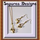 Gold Tone Dangle Earring & Necklace Set With Ball Designs Holiday Jewelry