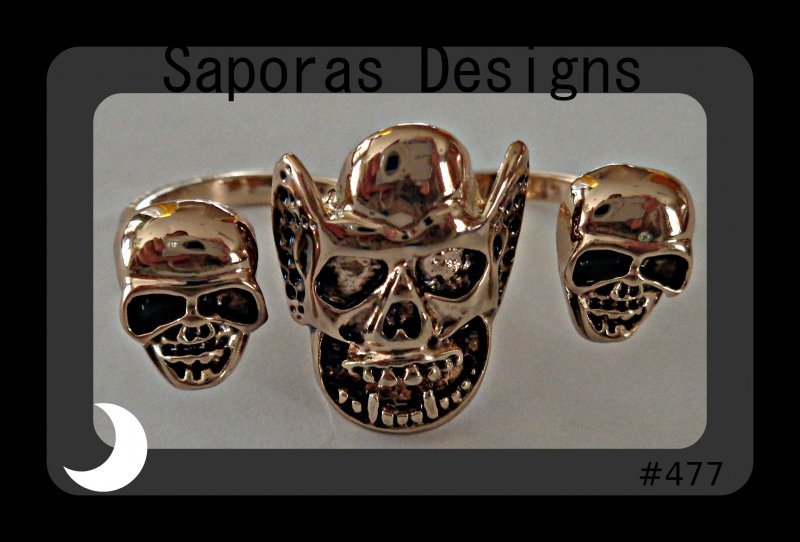 Gold Tone Double Finger Demon / Skull Ring Size 6.5 Unisex Biker Gothic Punk