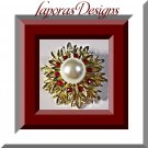 Gold Tone Flower Design Brooch With Red Crystals & White Faux Pearl