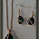 Gold Tone Necklace & Dangle Earring Jewelry Set With Green Crystal