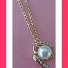 Gold Tone Necklace With White Faux Pearl & Clear Crystals Classy Style