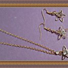 Gold Tone Star With Clear Crystals Dangle Earring & Necklace Jewelry Set