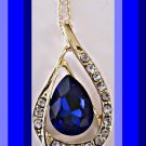 Gold Tone Tear Drop Design Necklace With Blue & Clear Crystals