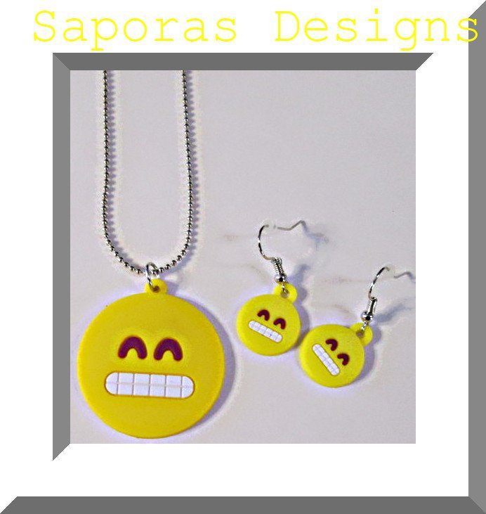 Grinning Face With Teeth Necklace & Dangle Earring Jewelry Emoji Set