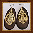 Handmade Antique Theme Wood Dangle Earrings With Gold Tone Designs
