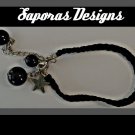 Handmade Black Braided Rope Bracelet With Black Beads & Vintage Silver Tone Star