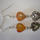 Handcrafted Amber Agate Heart Charm Dangle Earrings - 2"