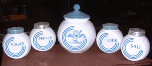 VITROCK Fire King Blue Circle Range Set Grease Jar Sugar F/S/P