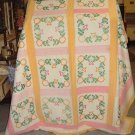    Vtg Embroidered Quilt Yellow Pink Heavy & Warm