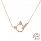 Ladies S925 Sterling Silver Necklace Clavicle Chain AAA CZ Gold Cute Cat Pendant