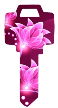 Key Blanks. Pink Flower image printed on key blank.