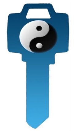 Key Blanks. Blue Yin Yang image printed on key blank.