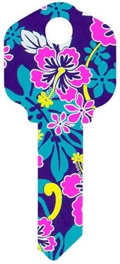Key Blanks. Purple Hibiscus image printed on house Key Blank.