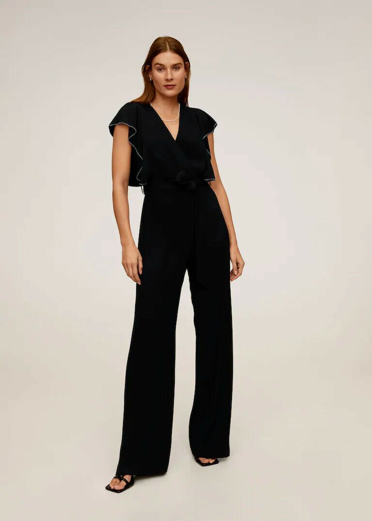 Mango womens frilled long jumpsuit black size S usXS