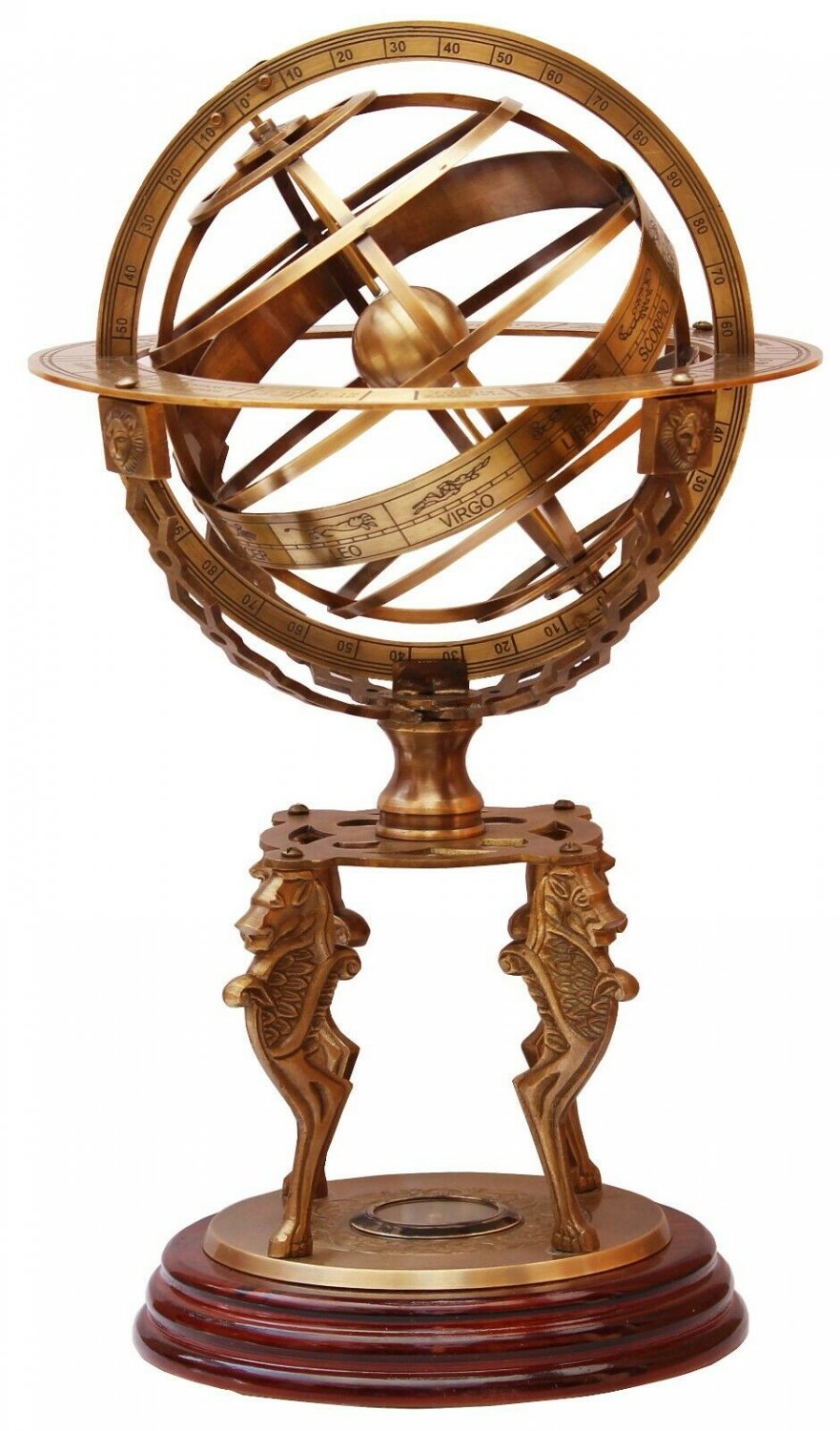 Wooden Base 18" Armillary Globe Sphere Engraved with Compass Brass Home Decor