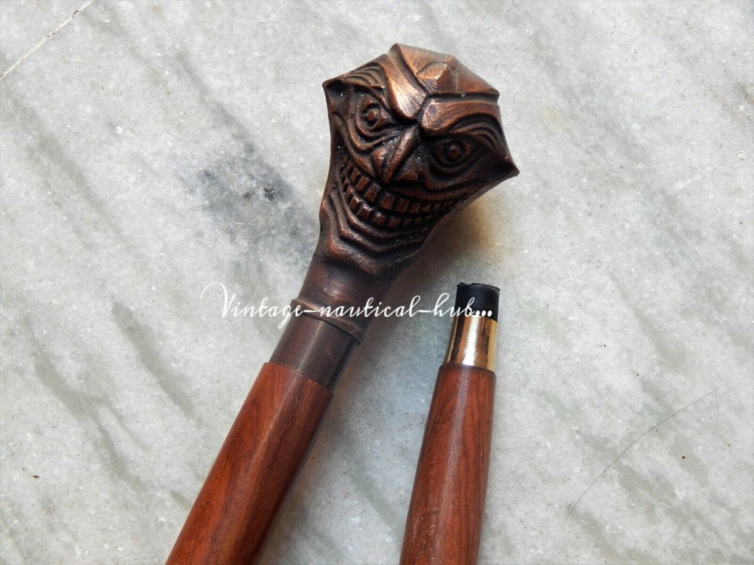 Wooden Walking Stick Cane Vintage With Nautical Antique Joker Face Head Handle