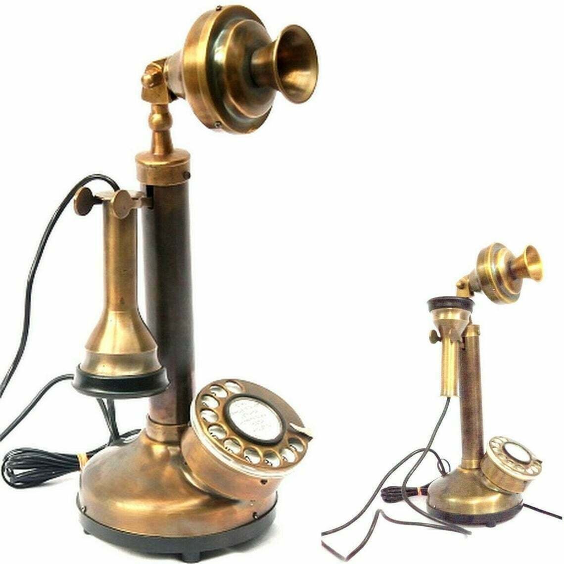 Vintage Brass American Landline Telephone Vintage Look Rotary Dial Candlestick