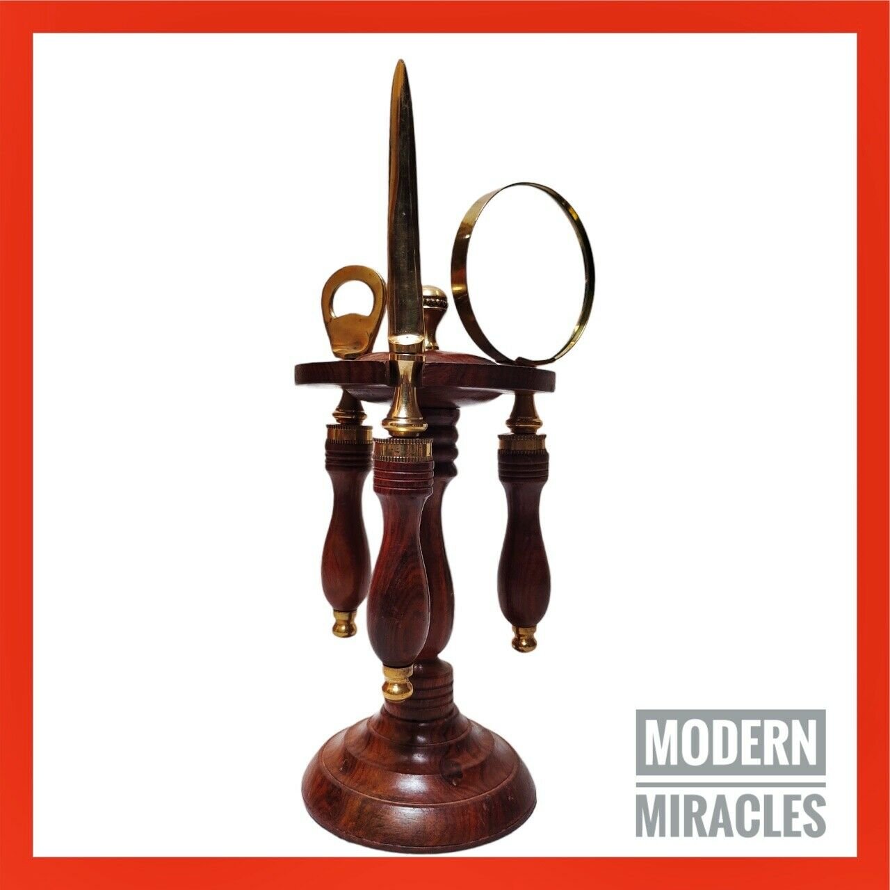 Antique Brass Stand Holder With Magnifying Glass, Letter & Bottle Opener Decor